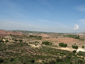 El relieve plano del fondo es el glacis del llano de las Cabras. Las rocas rojas fueron depositadas en medios fluvio-lacustres y deltaicos. En el centro de la foto se ve una magnfica estratificacin