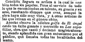Alabanzas a Concha Segura en El Globo tras la representaci�n de Las Zapatillas (1897)