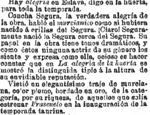 Alabanzas a Concha Segura tras la representaci�n de La Alegr�a de la Huerta (1900)