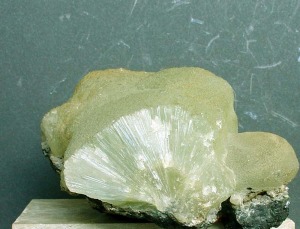 Agregado de cristales fibro-radiados de prehnita de Caravaca. Ejemplar del museo de minerales del rea de Geologa y Mineraloga de la Universidad de Murcia [prehnita]