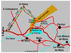 Figura 1. Accesos a la rambla de Perea. En verde el acceso en autobs hasta Fuente Caputa 