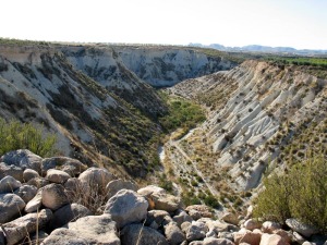 El cauce de la rambla de Perea cerca del puente de la carretera de Yechar. Sobre las margas blancas marinas del terciario hay rocas rosadas que deposit la paleorrambla a principios del Cuaternario