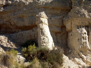 Detalle de una chimenea de hadas. Esta geoforma se ha originado por la mayor resistencia a la erosin de los conglomerados que forman su cima 