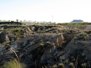 Campos de almendros limitados por crcavas. En primer plano, un piping, la parte central una pequea chimenea, en blanco. Al fondo el cerro del castillo de la Puebla de Mula 