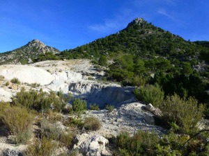 Cantera de dolomas brechoides en el camino que asciende al Cantalar. El cabalgamiento las tritur formando un tipo de rocas que se denominan tectonitas