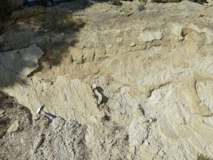 Detalle de las estras verticales que se conservan en el plano de falla de la pista del Cantalar