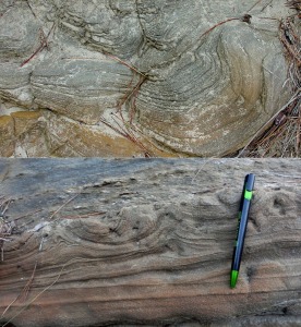 Laminacin contorsionada generada por el escape de fluidos (arriba) y posteriormente erosionada por una nueva avalancha (abajo) 