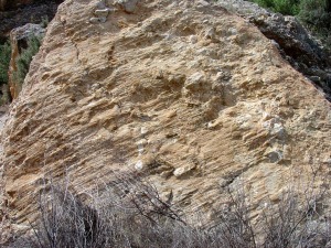 Plano de falla con estras y acanaladuras que muestran la direccin y el sentido del desplazamiento originados por una falla.