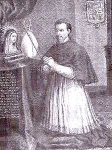 Retrato al leo del Obispo Belluga orando ante la Virgen de las Lgrimas