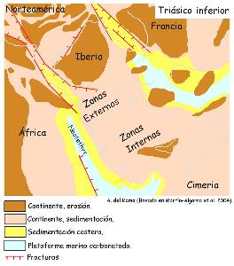 Figura 1: Reconstruccin paleogeogrfica del Mediterrneo occidental durante el Trisico inferior, basada en la modificacin de Martn-Algarra et al. (2004) de Ziegler (1988). En Vera, J. A. (2004). 