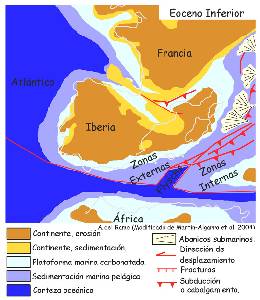 Figura 1: Reconstruccin paleogeogrfica del Mediterrneo occidental durante el Eoceno medio, basada en la modificacin de Martn-Algarra et al. (2004) de Ziegler (1988). En Vera, J. A. (2004)